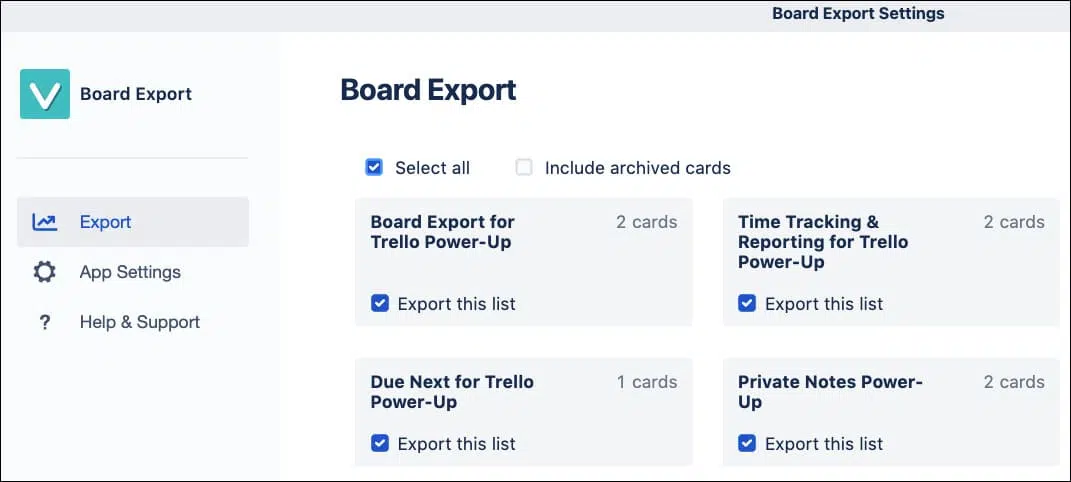 Board export for Trello