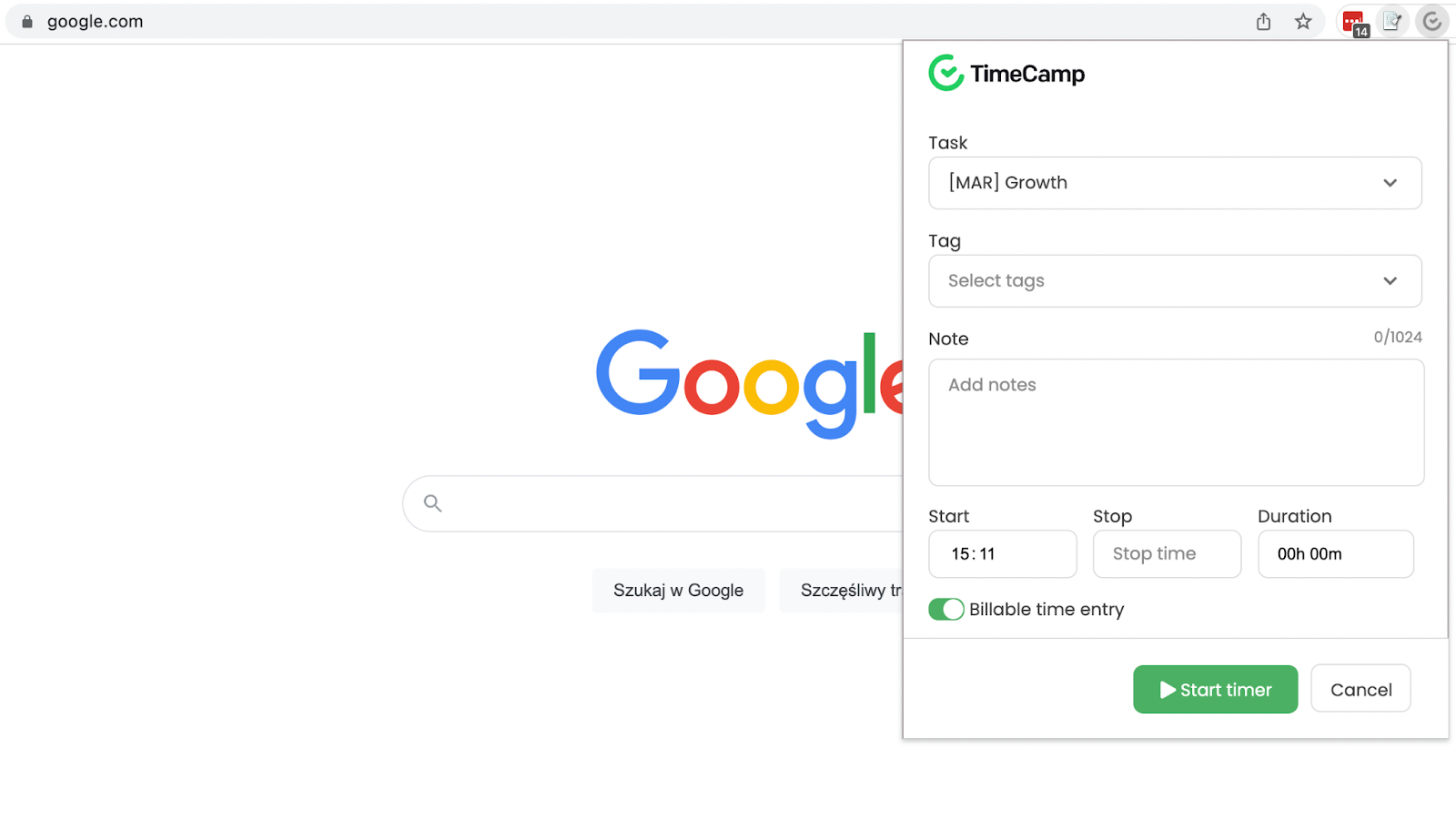 TimeCamp time tracking Chrome extension