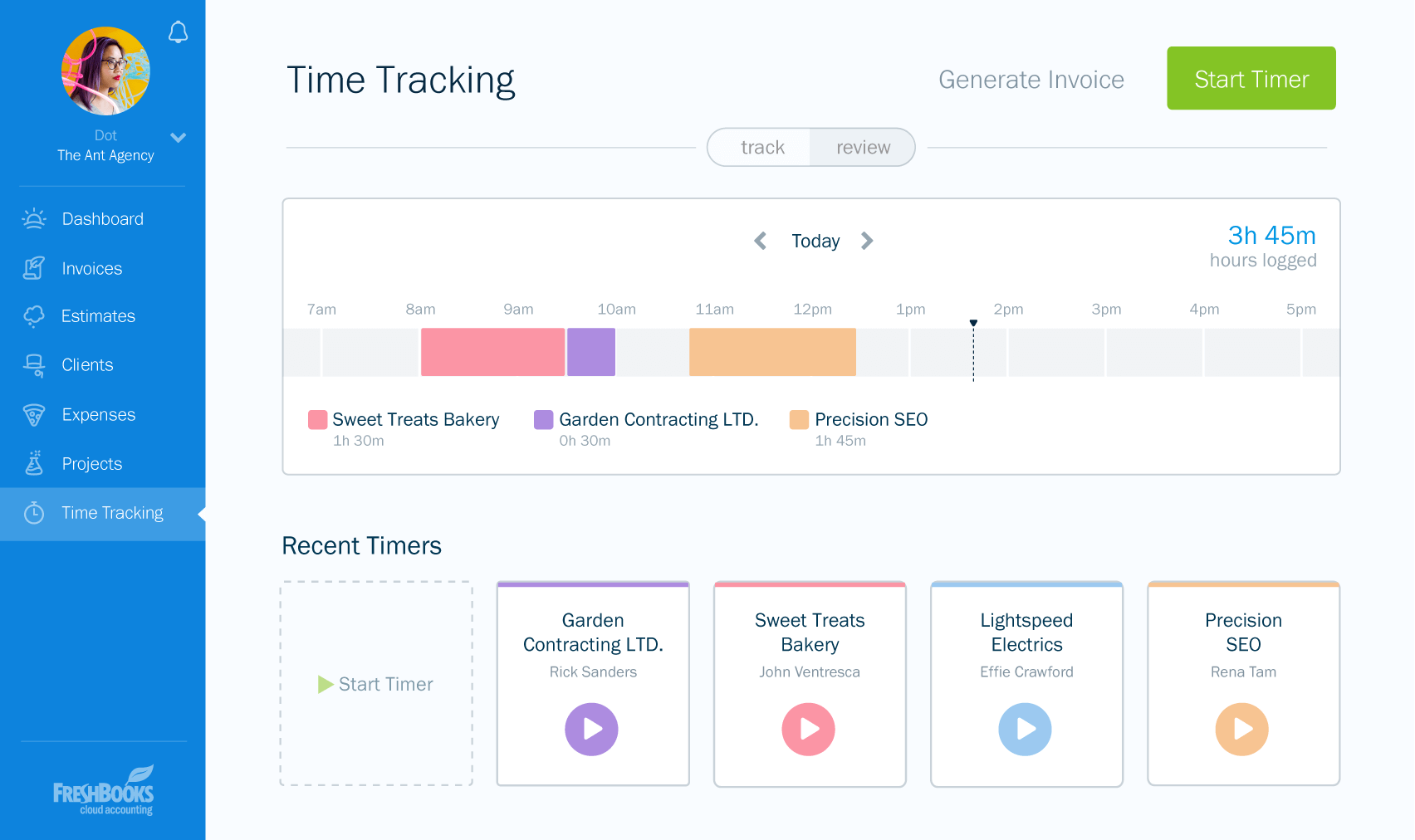 FreshBooks dashboard view