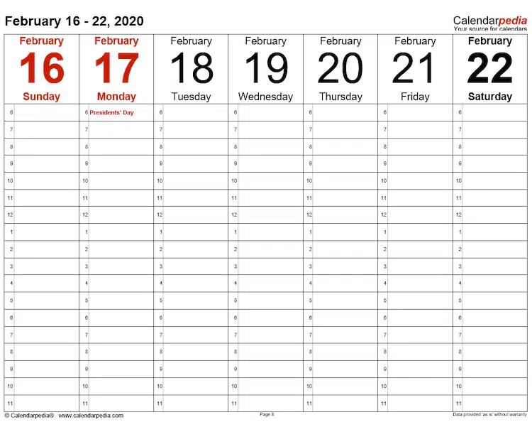 Calendarpedia weekly schedule template