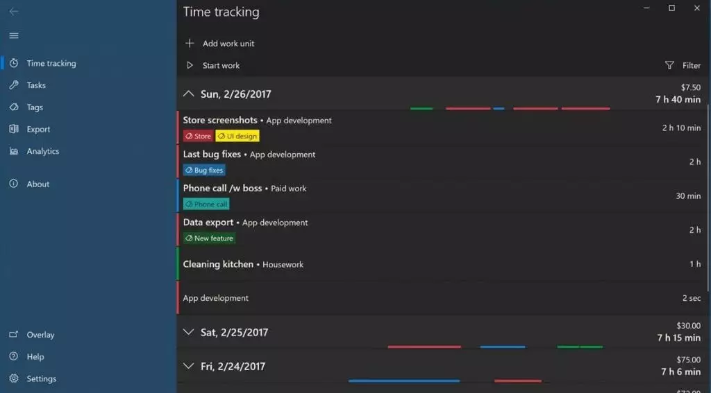 Working Hours app for Windows dashboard view