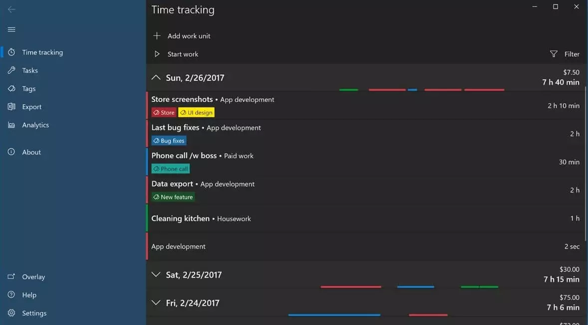 Working Hours app for Windows dashboard view
