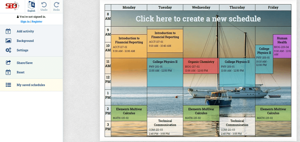 Free online schedule maker screen