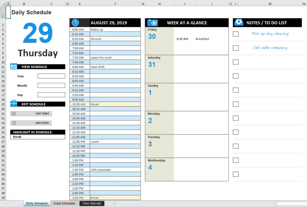 Microsoft Office daily schedule template