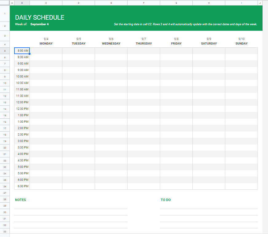 Google Sheets Daily Schedule Template