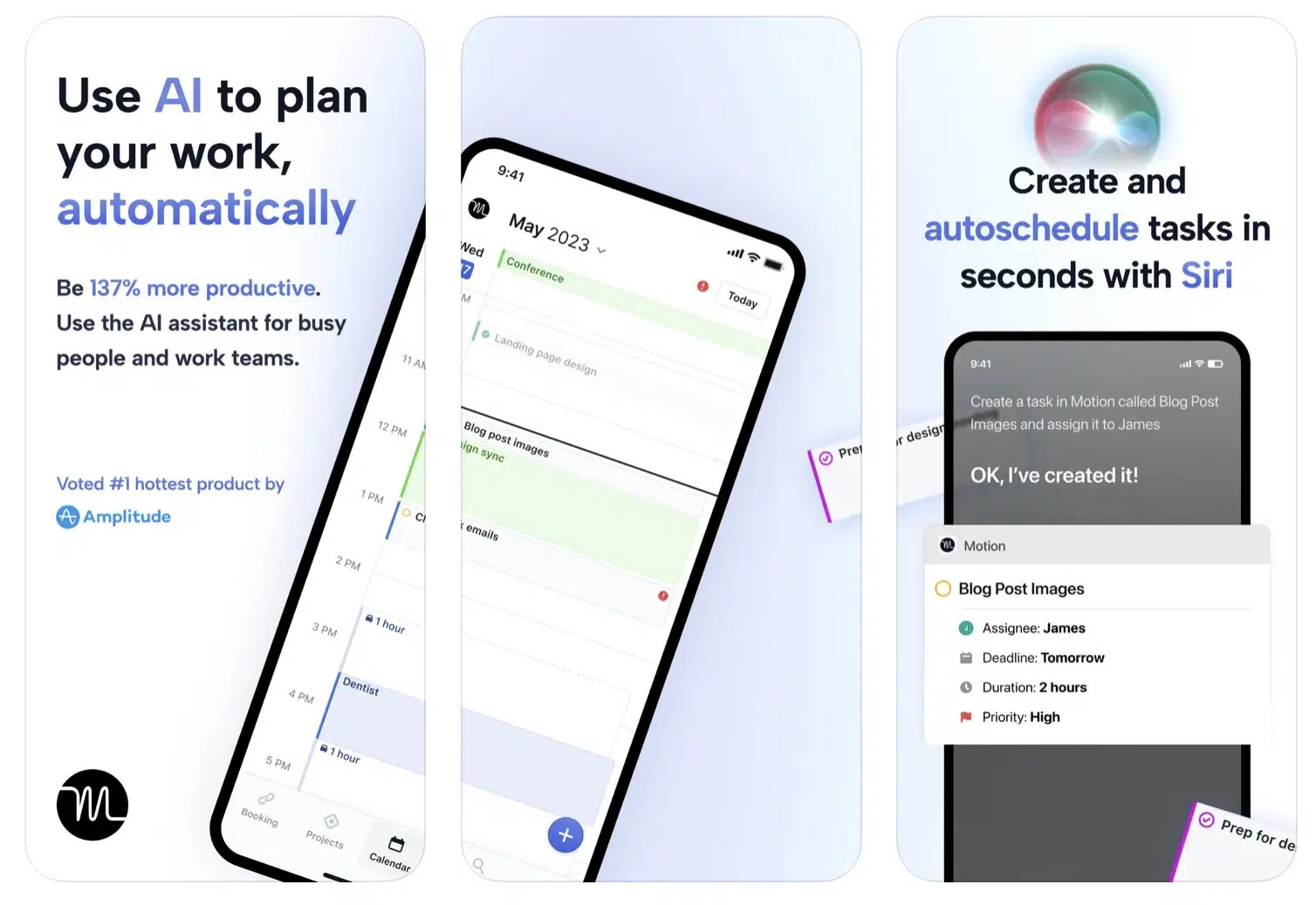 a collage of planner features of Motion AI mobile app