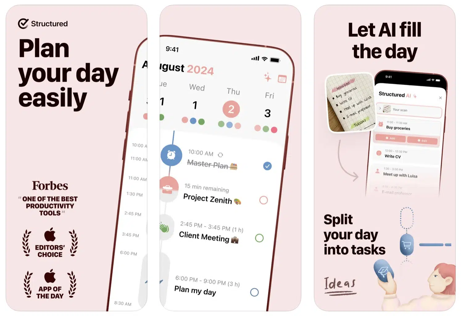 A collage of features of a Structured task management app
