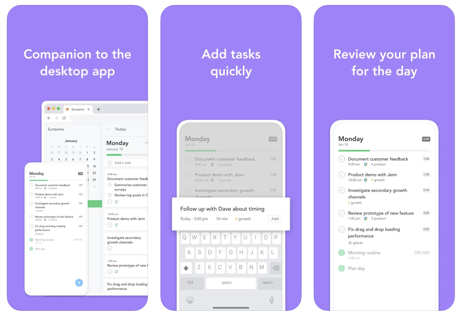A collage of Sunsama planner app planning features