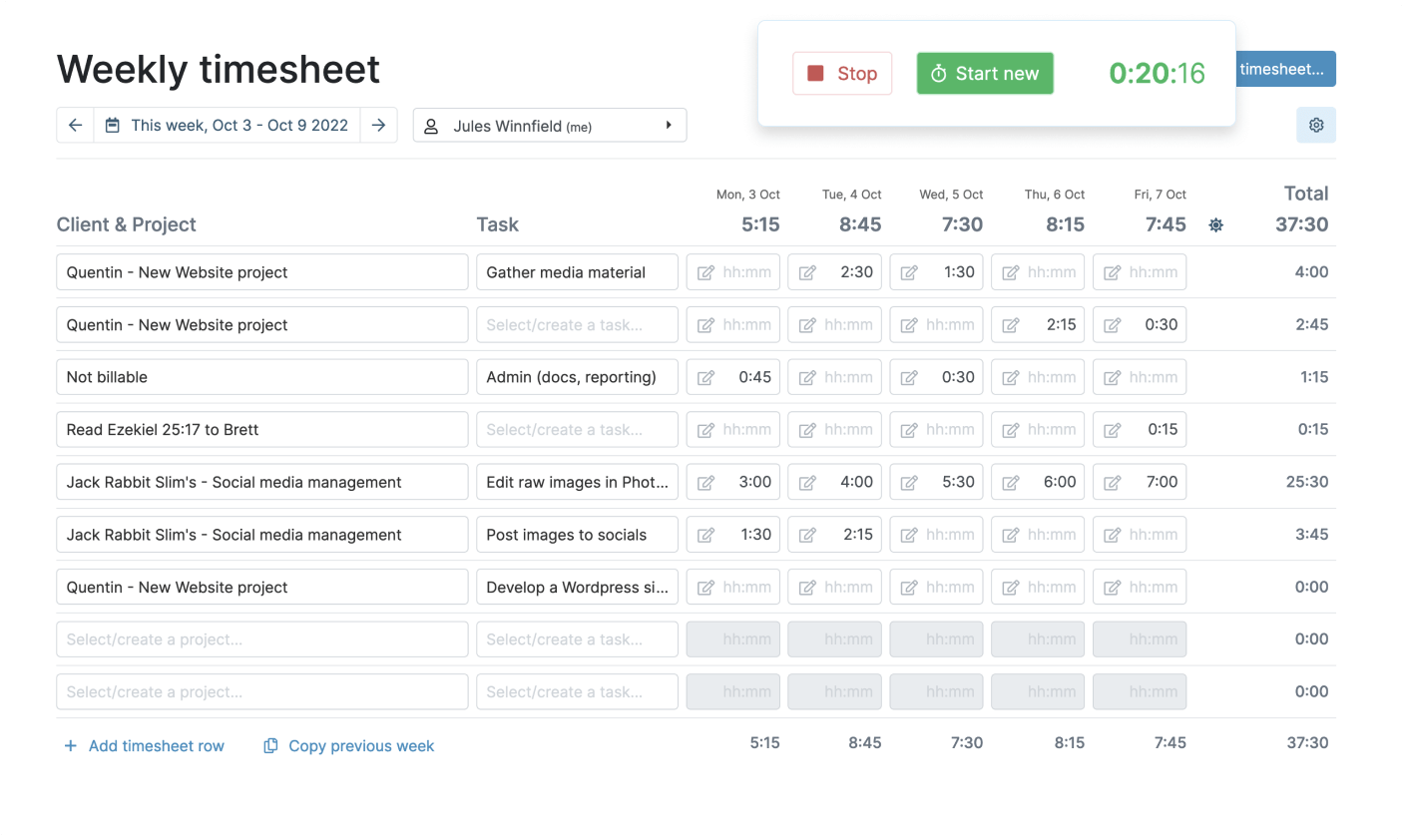 Myhours timesheet