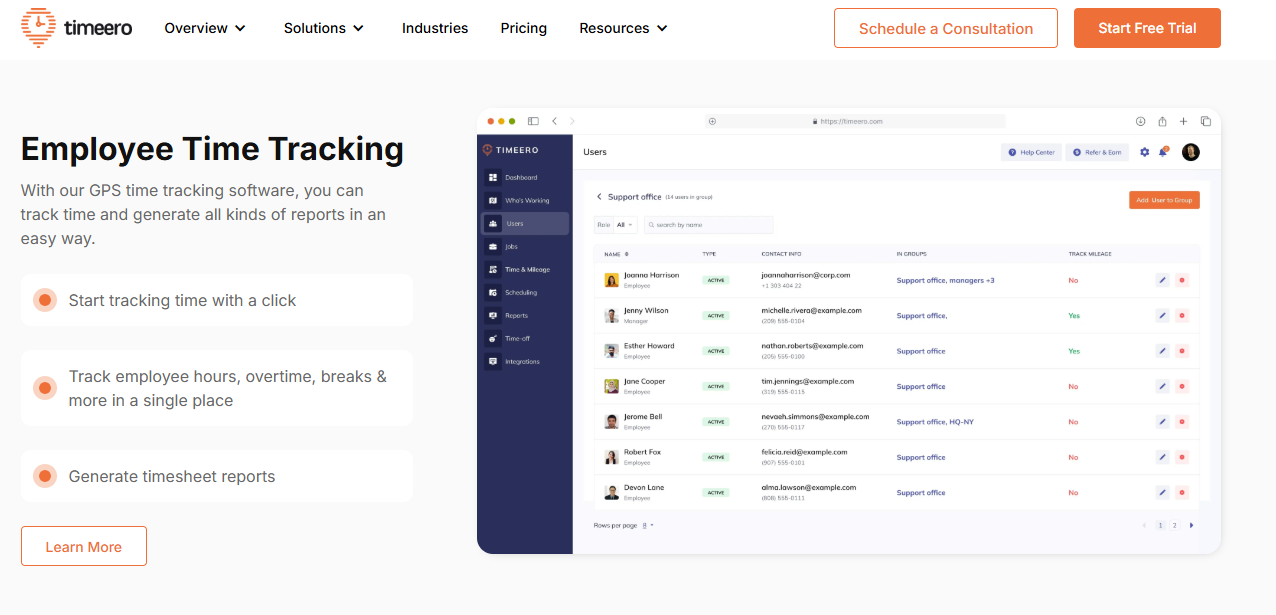 Screenshot of Timeero employee GPS time tracking software