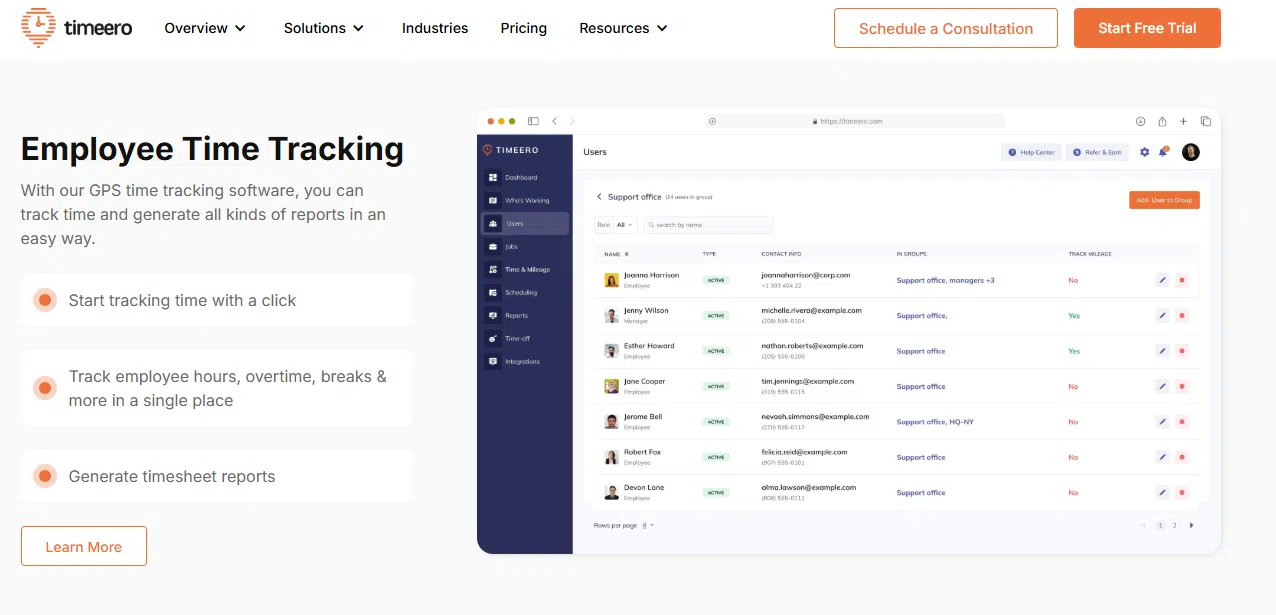 Screenshot of Timeero employee GPS time tracking software