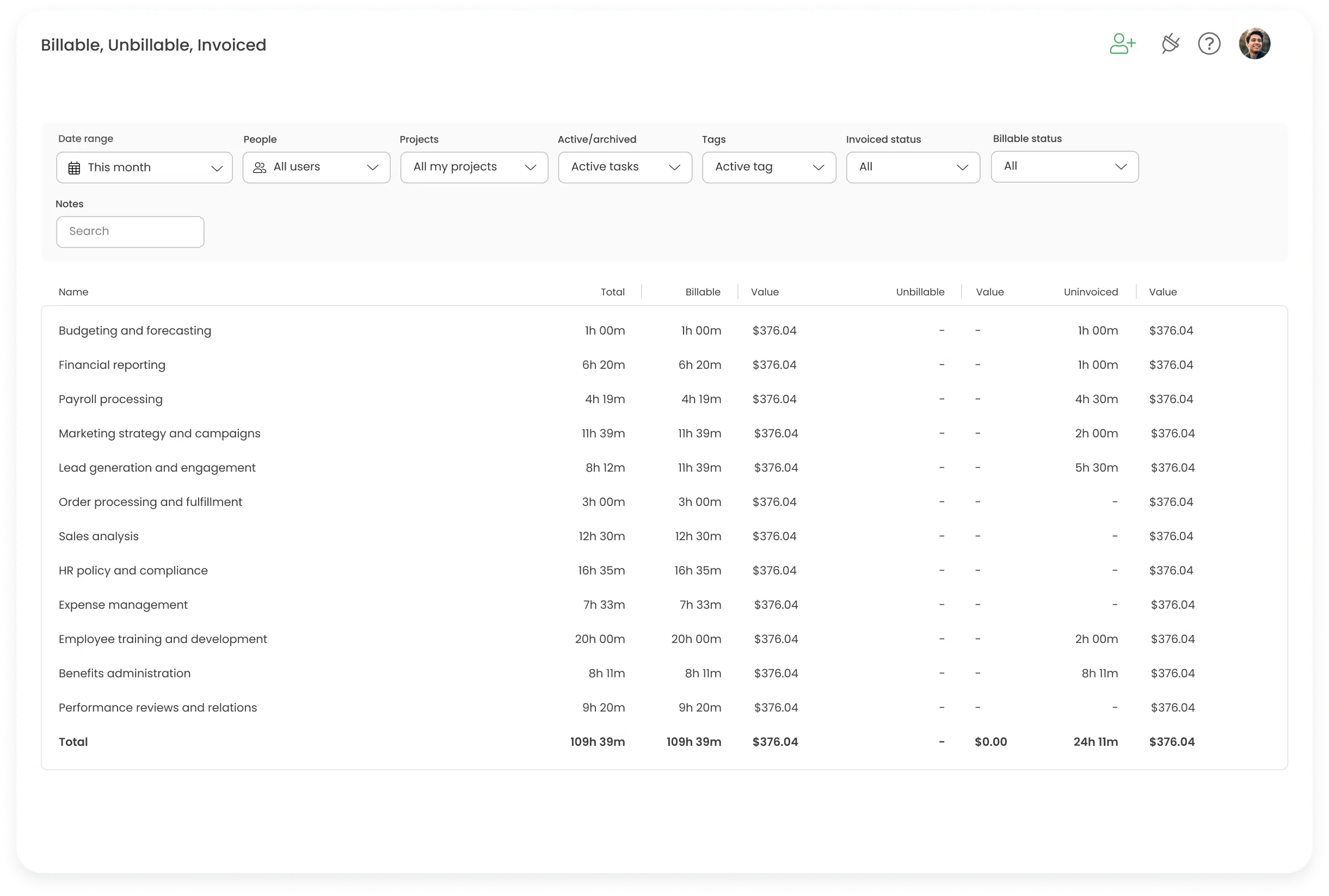 Report - Billable, Unbillable, Invoiced