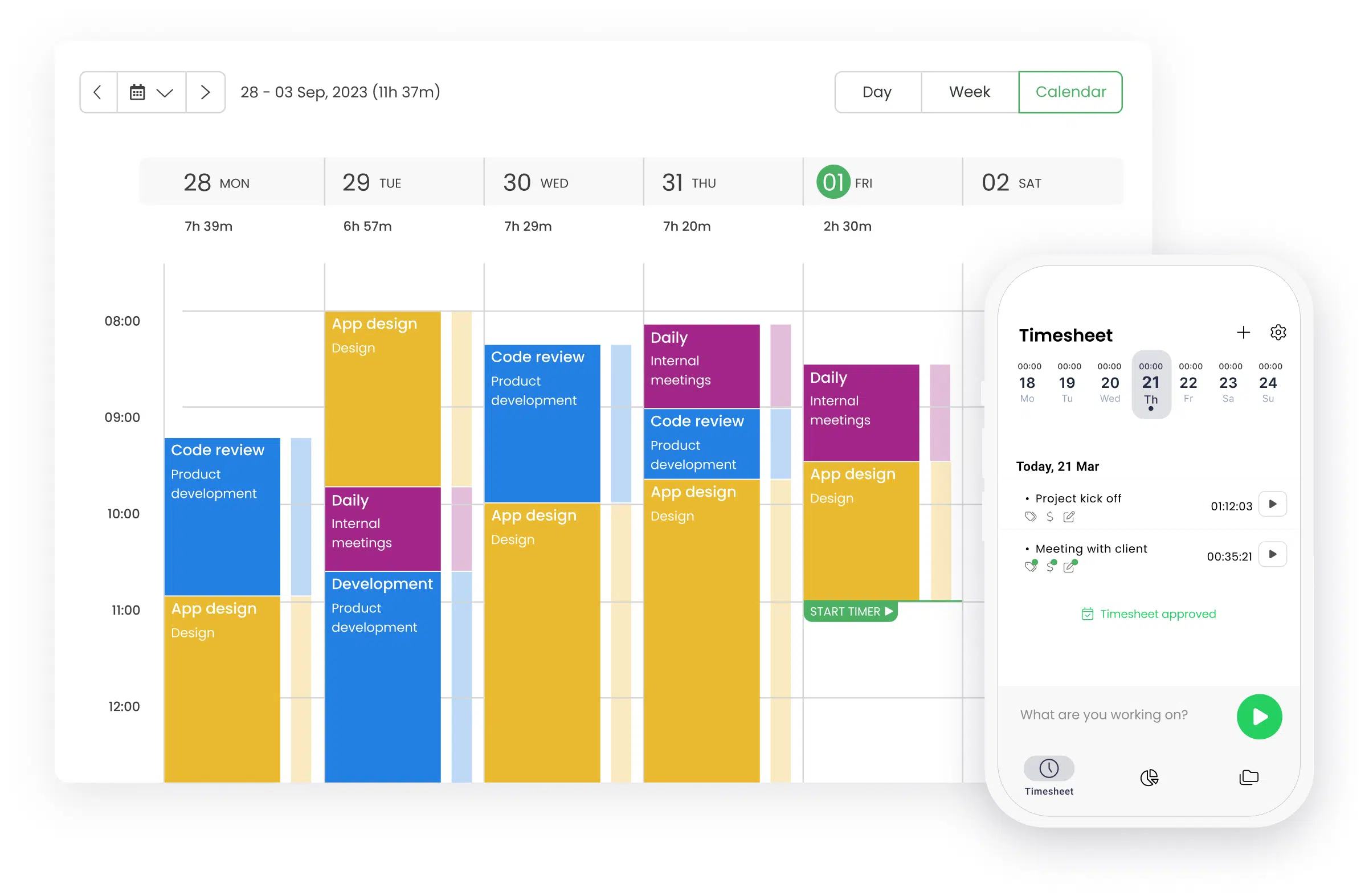 A collage of TimeCamp features for time blocking, such as calendar timesheet and mobile app 