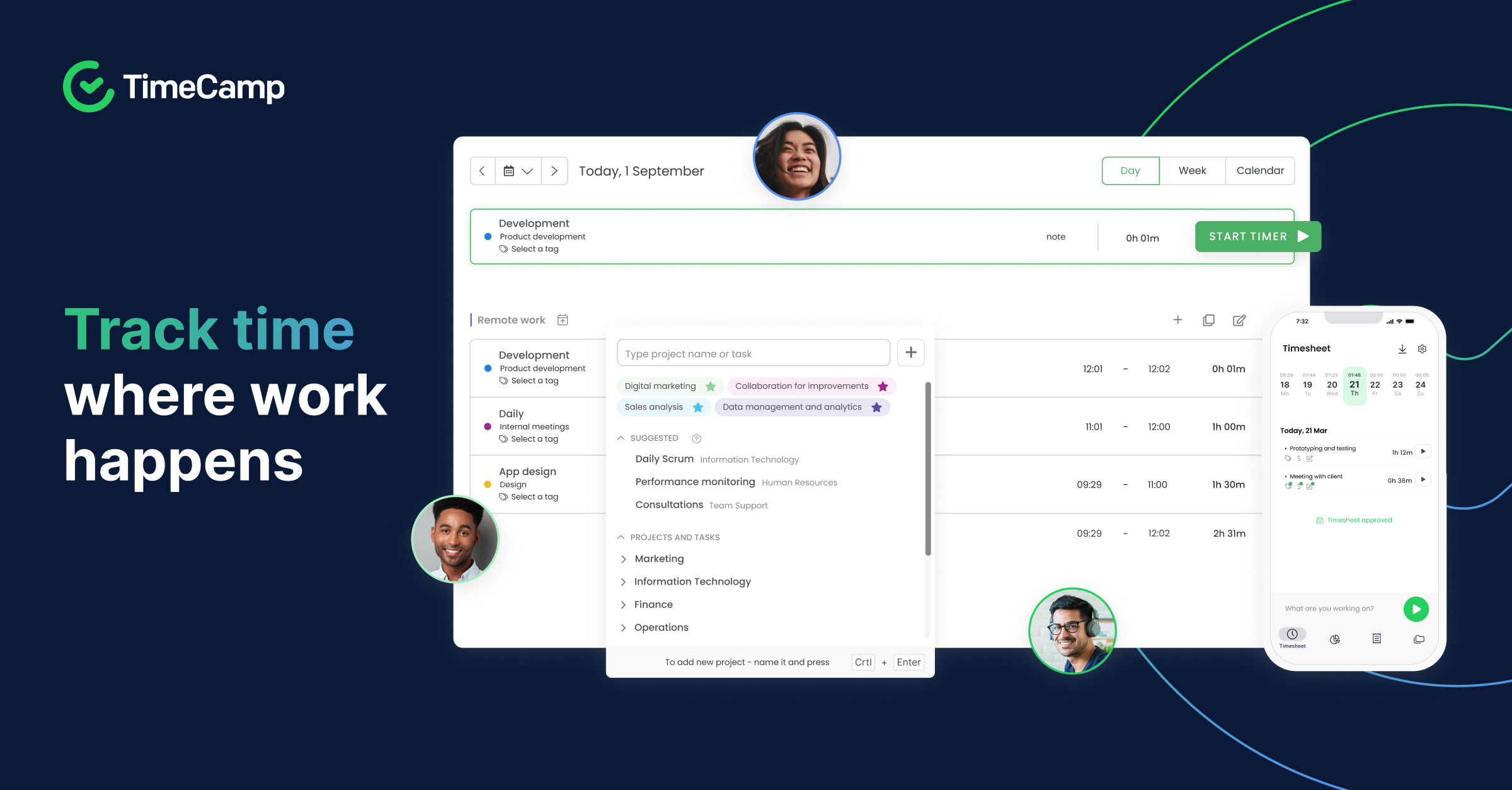 time tracking clock in clock out with timecamp