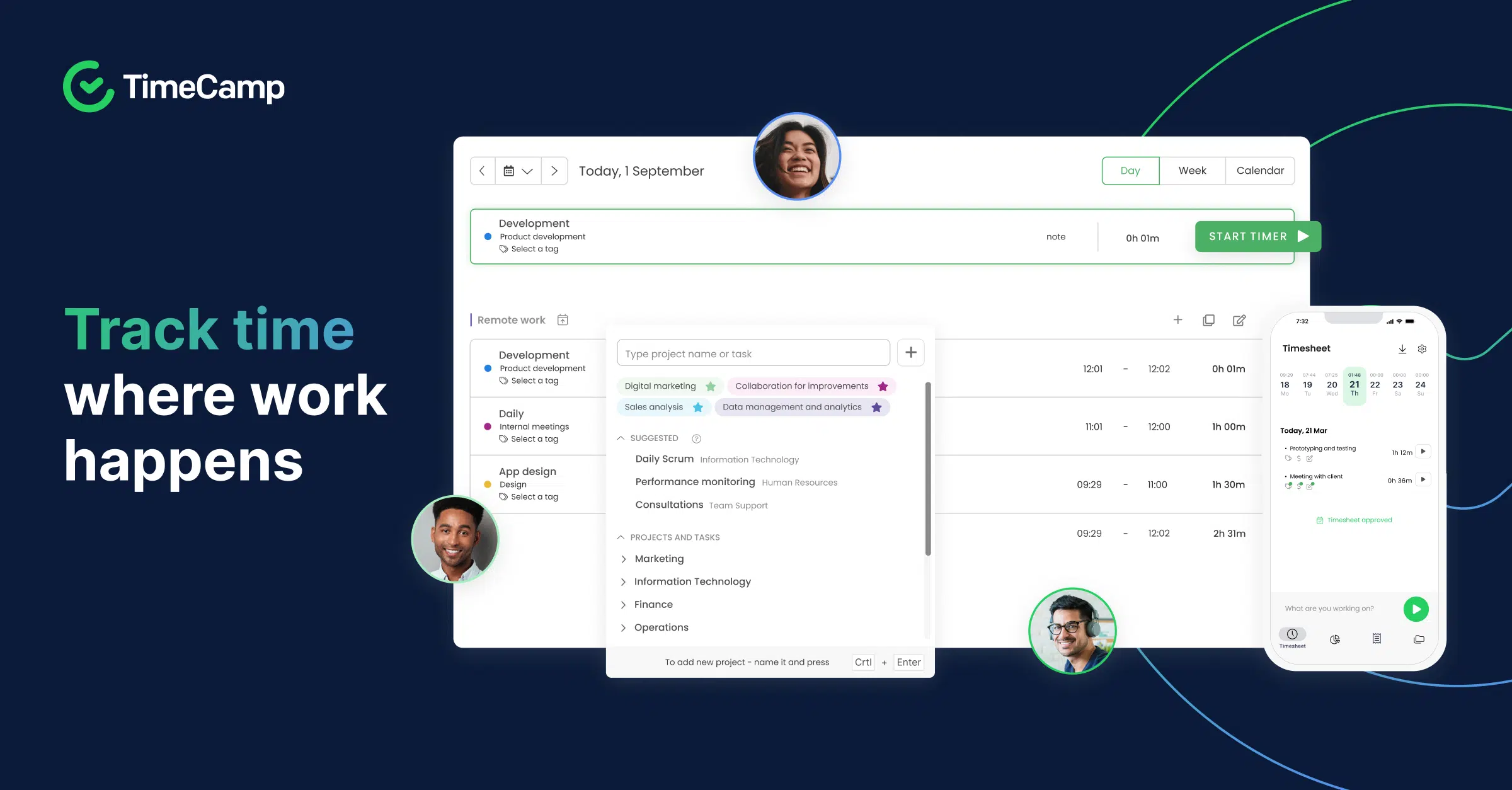 time tracking clock in clock out with timecamp