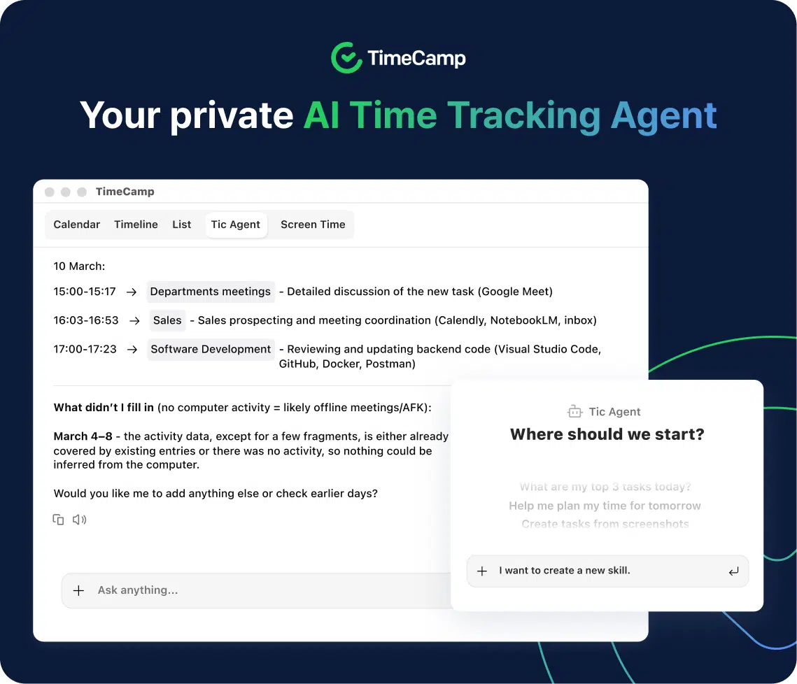 a promotional image of ai time tracking agent by timecamp