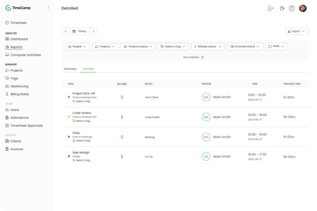 timecamp report view that show the usage of agile metrics in productivity tracking