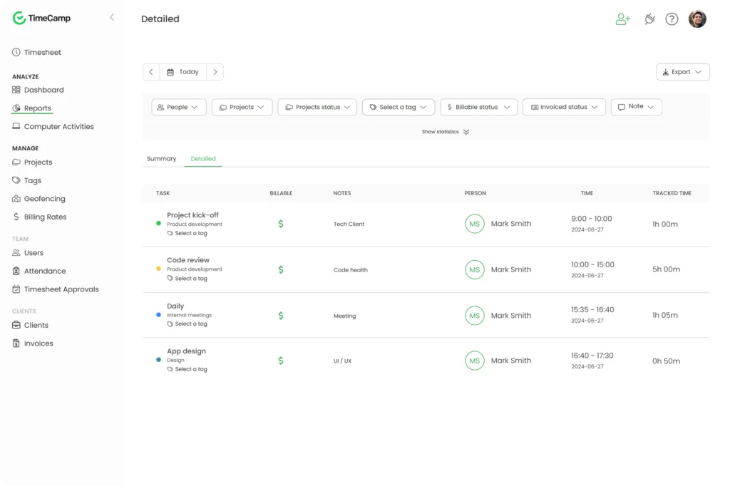 timecamp report view that show the usage of agile metrics in productivity tracking