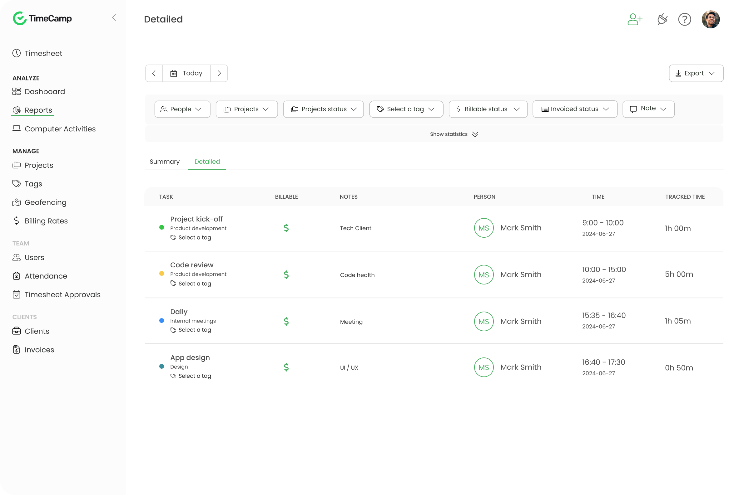 timecamp report view that show the usage of agile metrics in productivity tracking