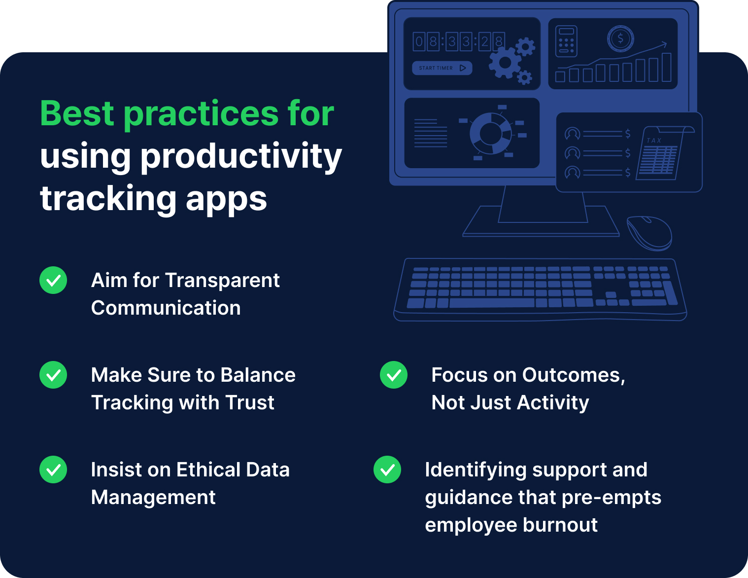 an infographic listing best practices of using productivity monitoring apps for an article about pros and cons of productivity tracking