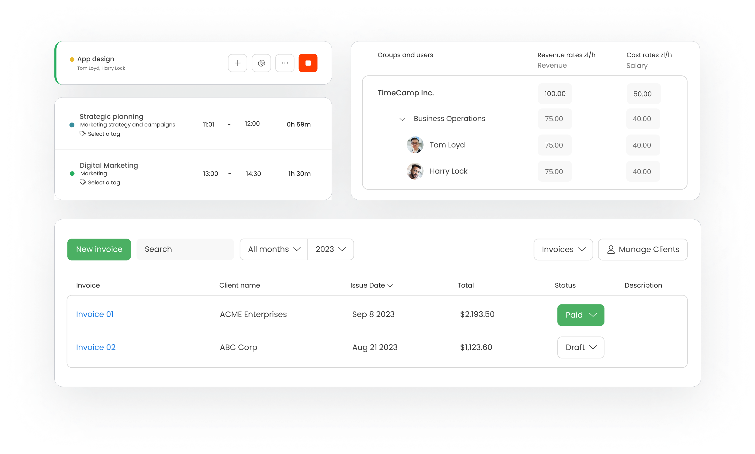billing and invoicing in TimeCamp for freelancers