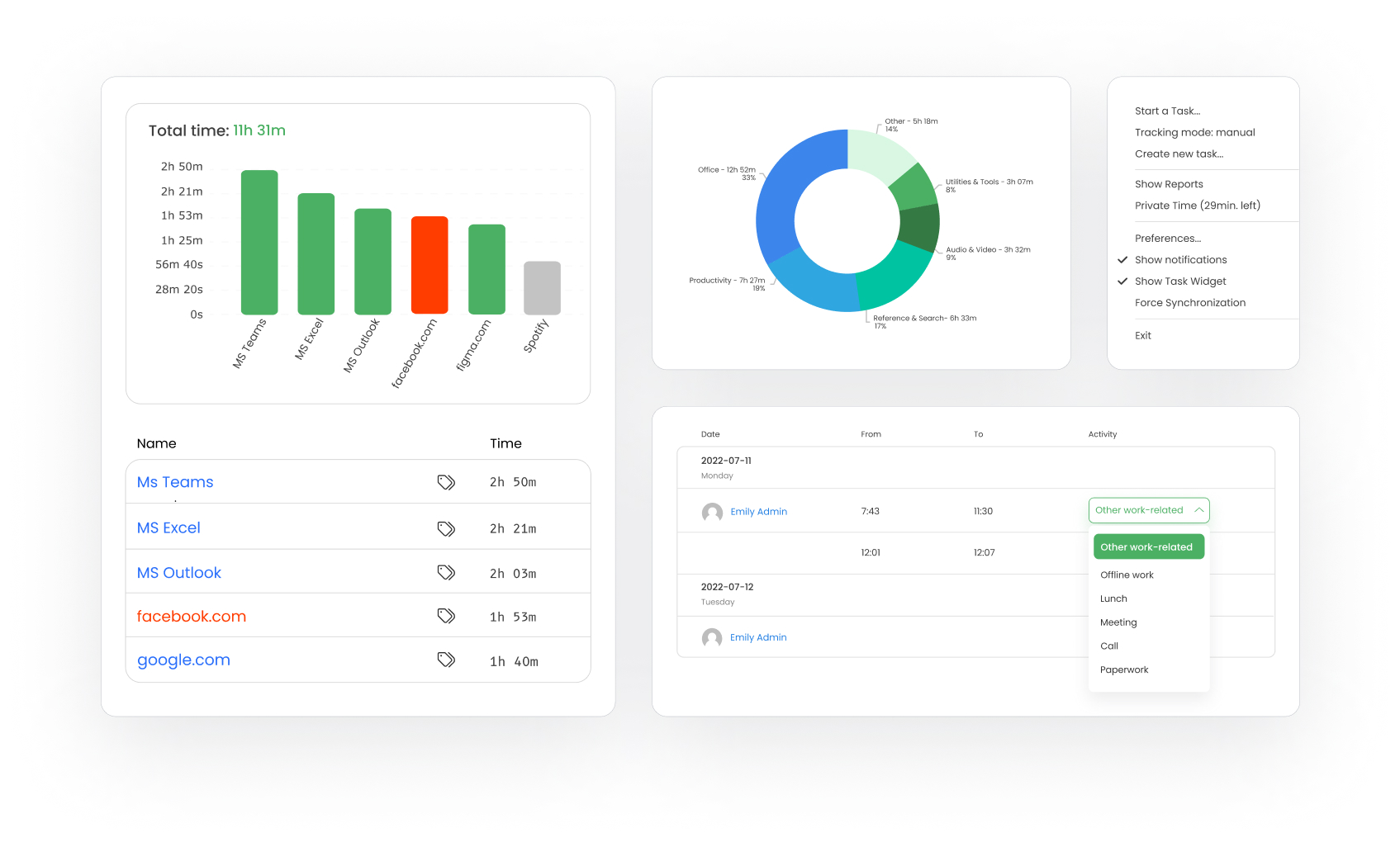 a collage displaying features of timecamp useful for monitoring employees' performance