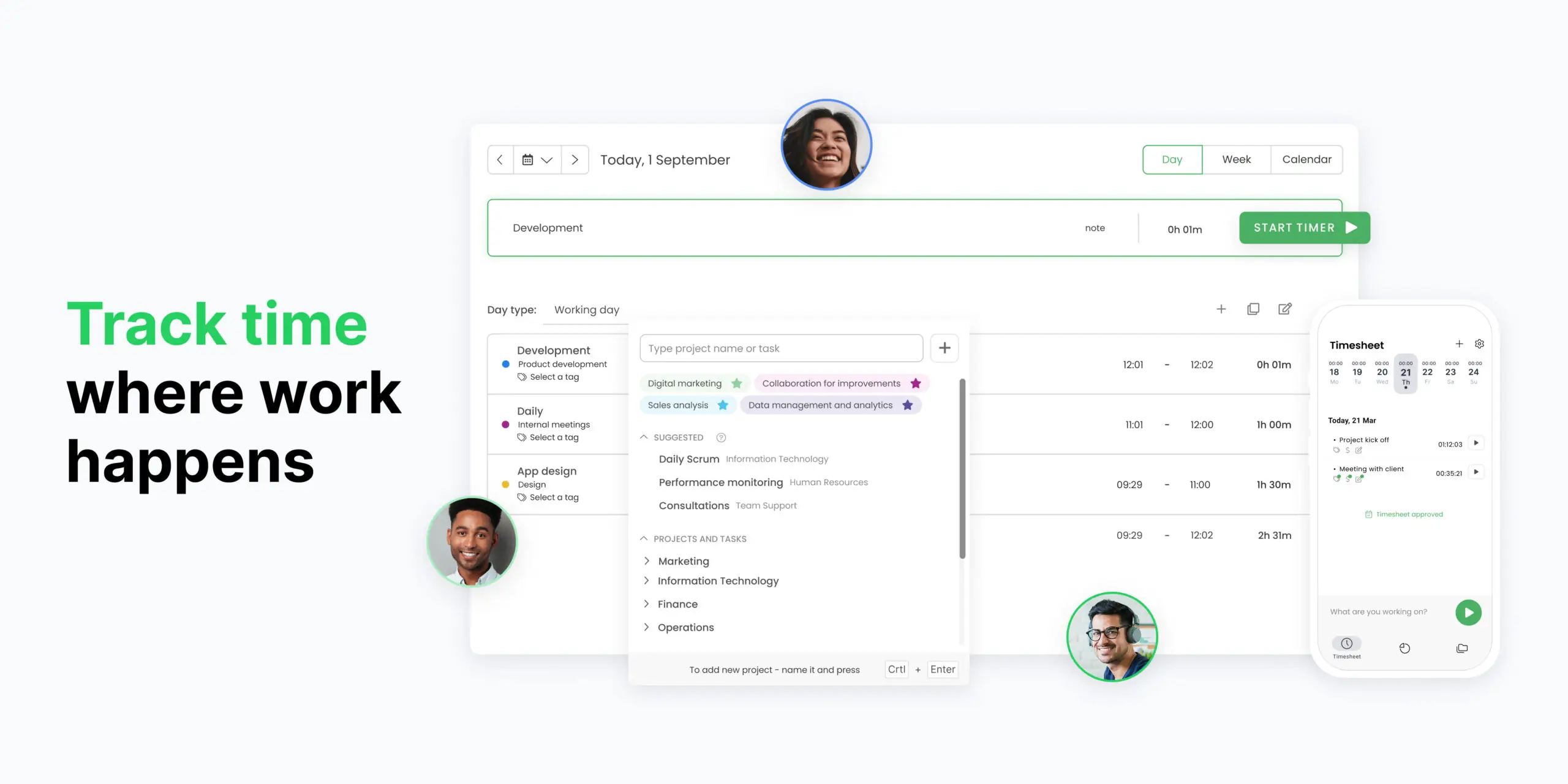 a collage of features of TimeCamp, best Clockify alternaticw