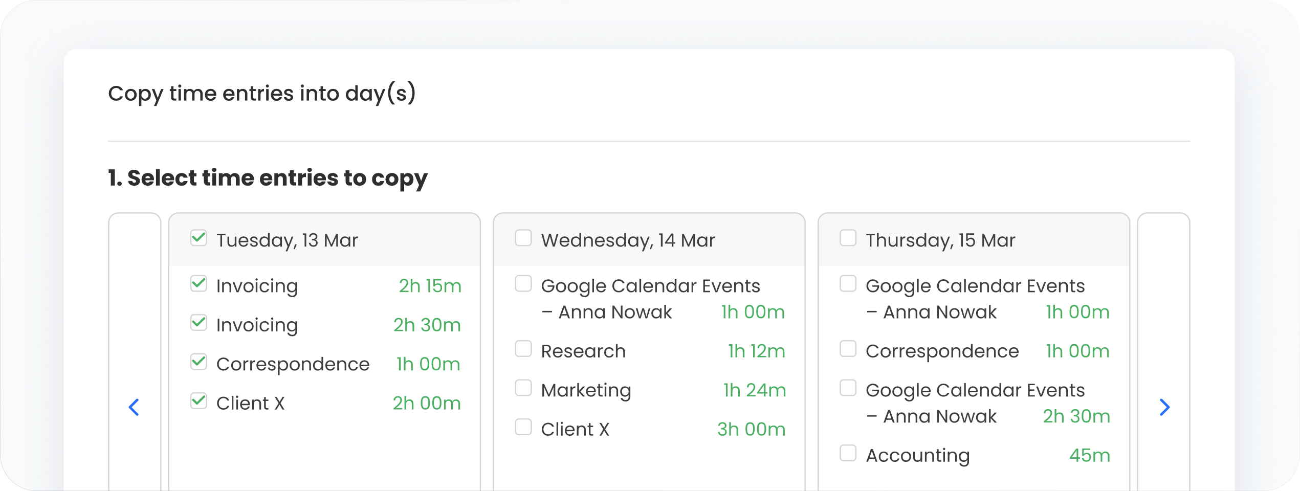 a screenshot of copying entries feature of TimeCamp