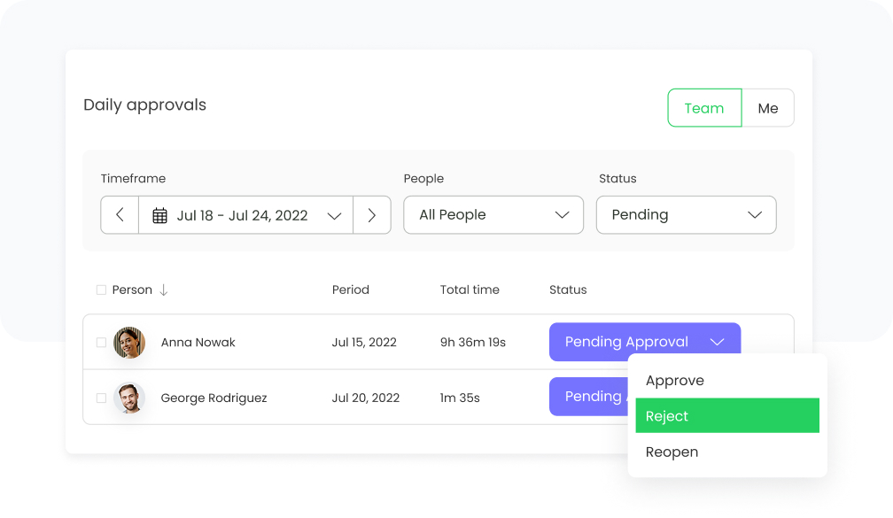 a collage picturing how timesheet approvals feature works in timecamp