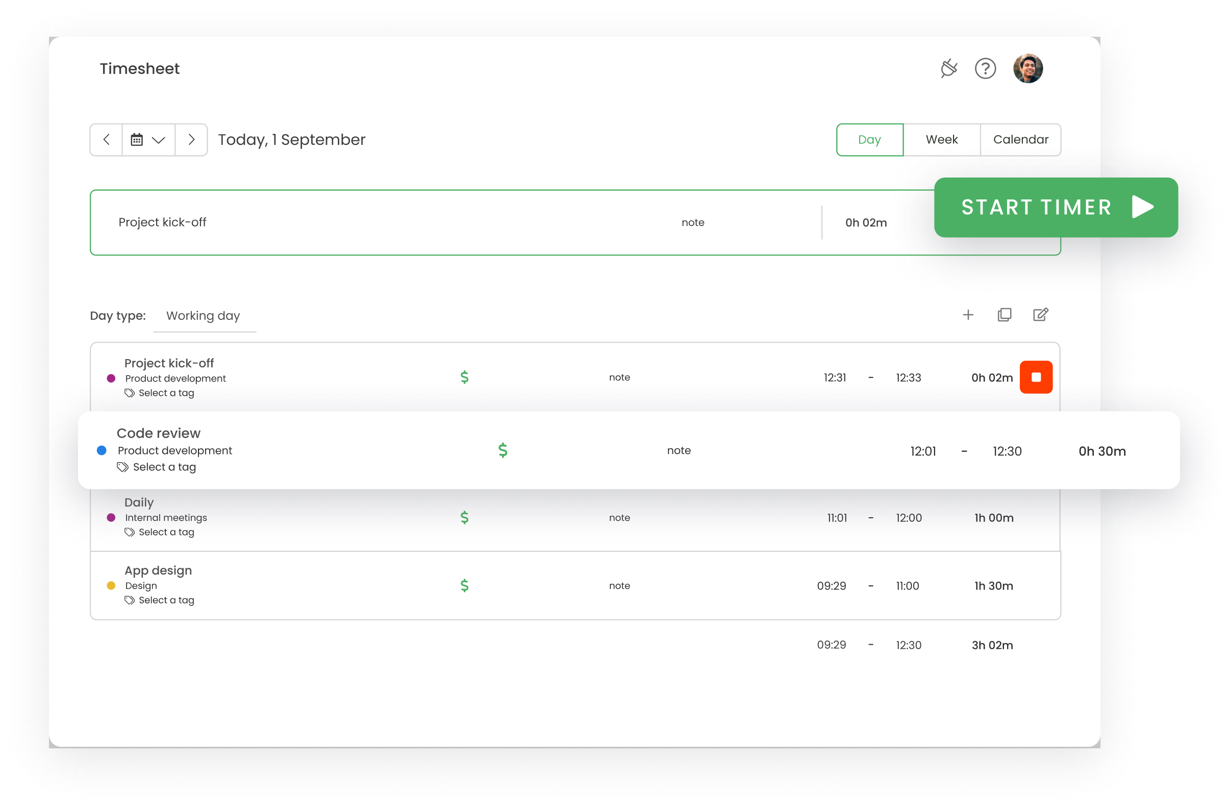 a timesheet view in TimeCamp freelancers use to track time for projects