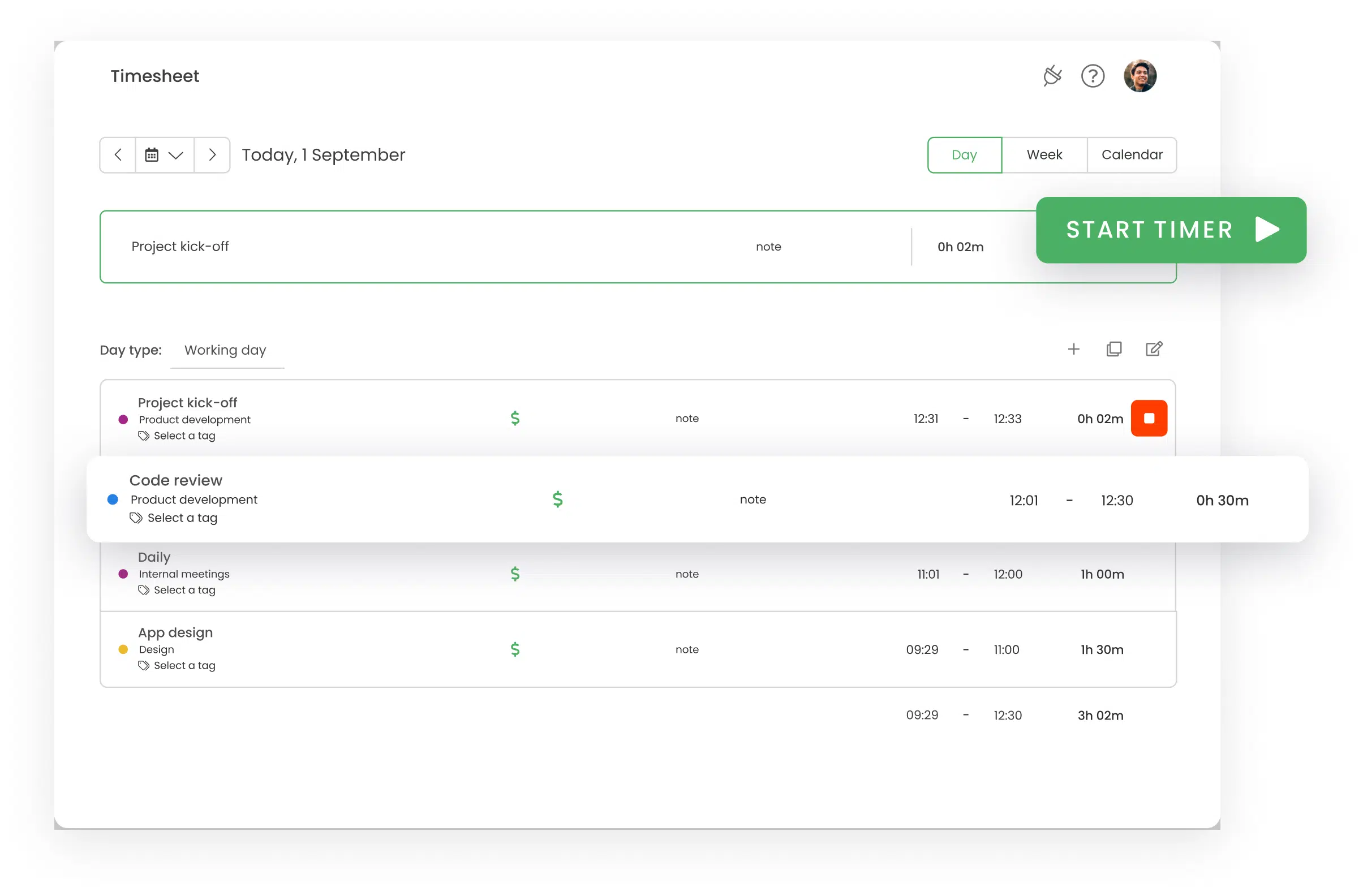 a timesheet view in TimeCamp freelancers use to track time for projects