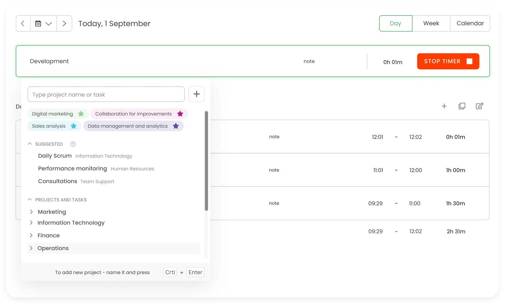 timesheet view in TimeCamp that presents the number of hours worked per day