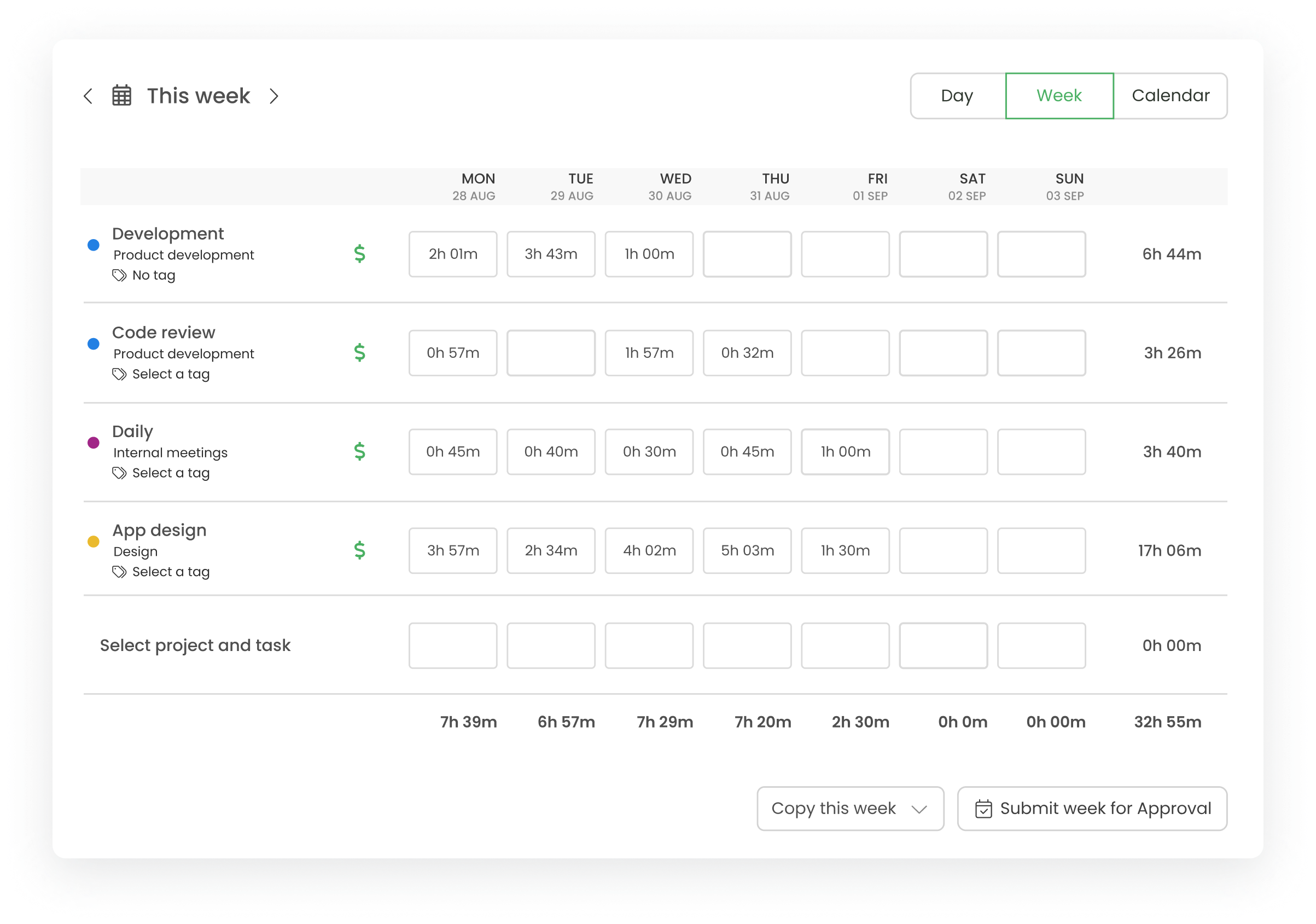 week view of timecamp employee productivity tracking software