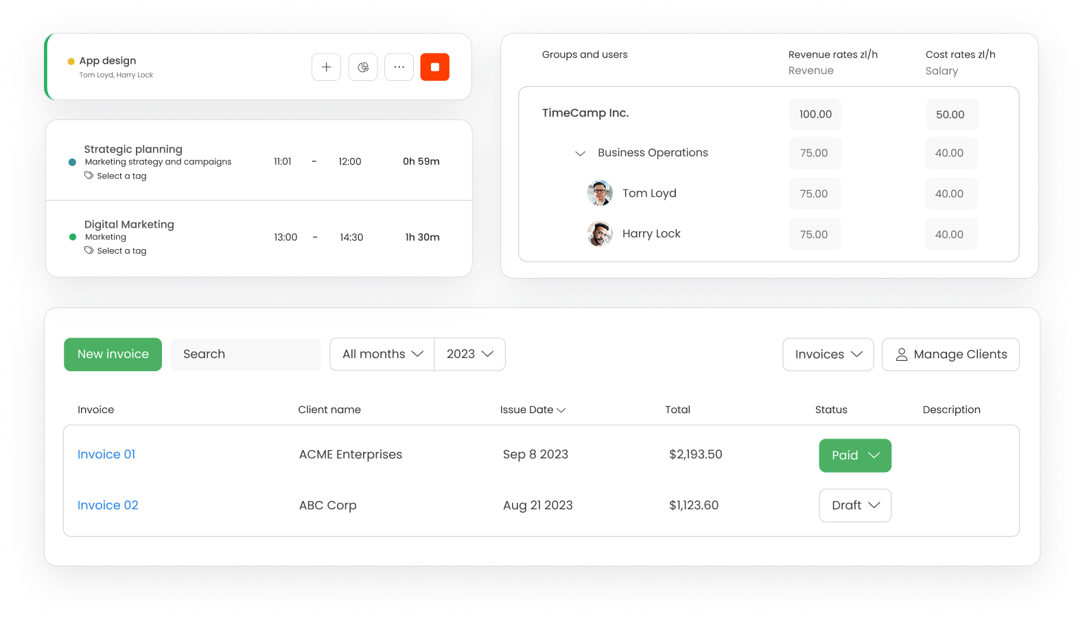 a collage of TimeCamp's features for billing and invoicing that make asking for payment easier