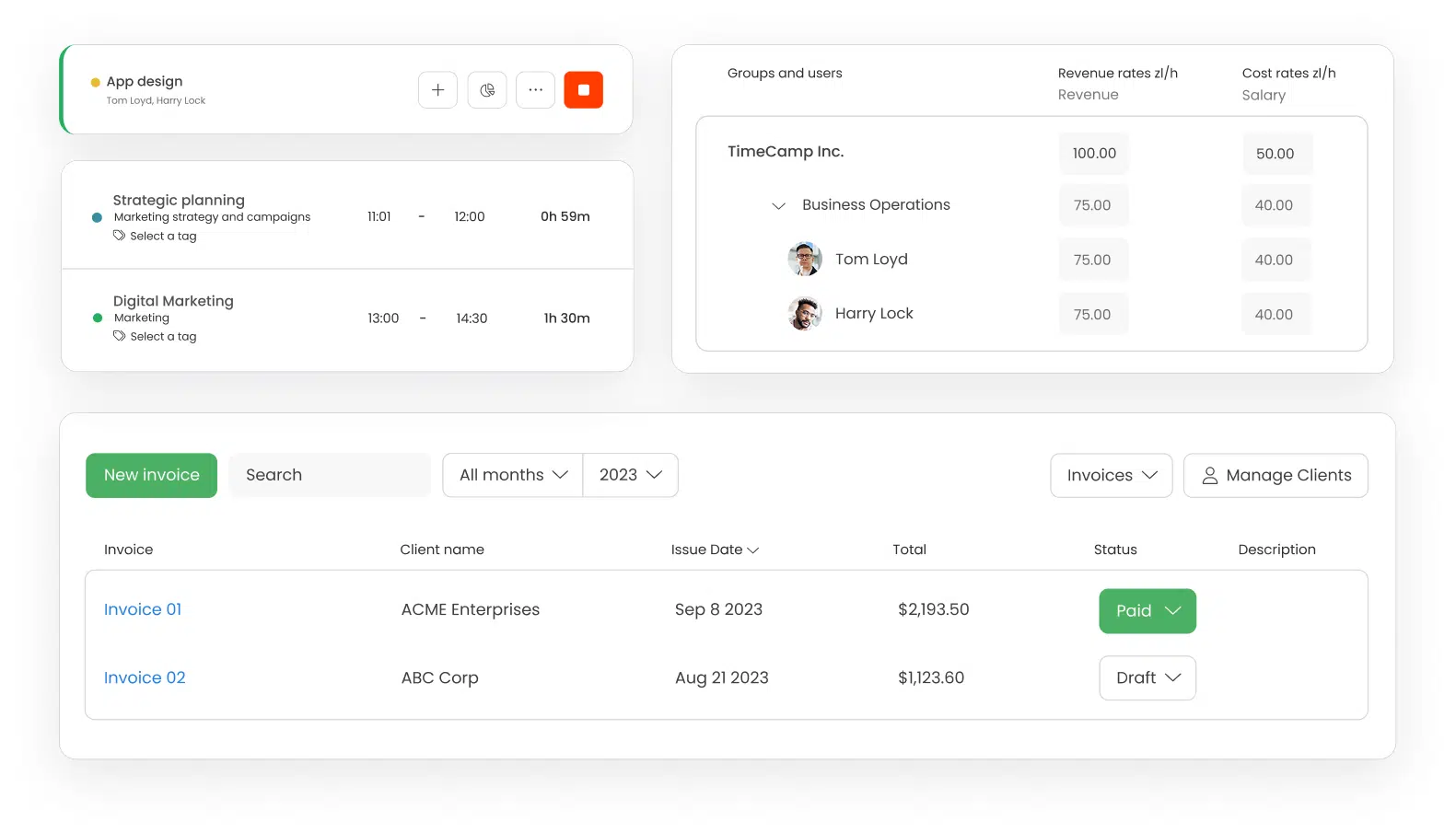 a collage of TimeCamp's features for billing and invoicing that make asking for payment easier