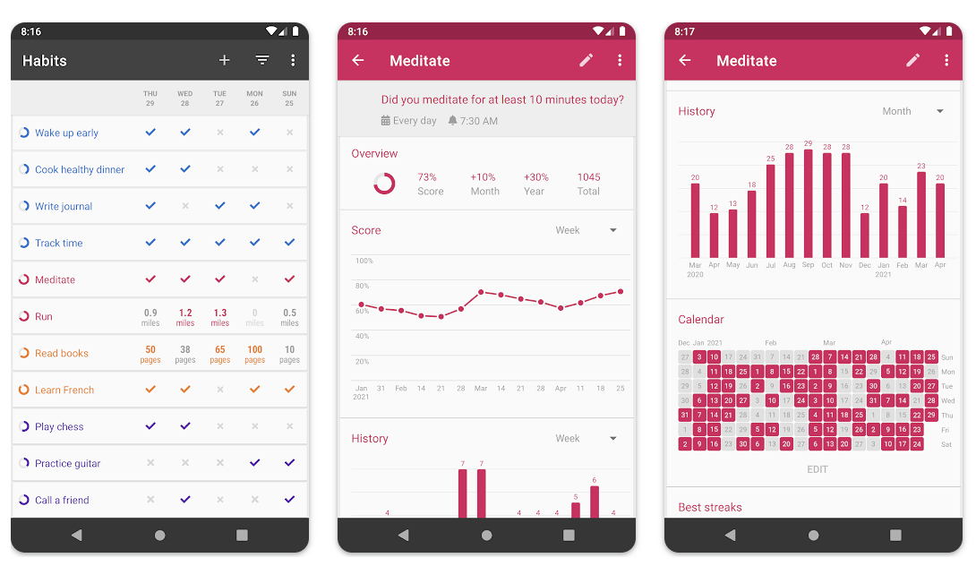 screenshots of loop habit tracker app on an android phone