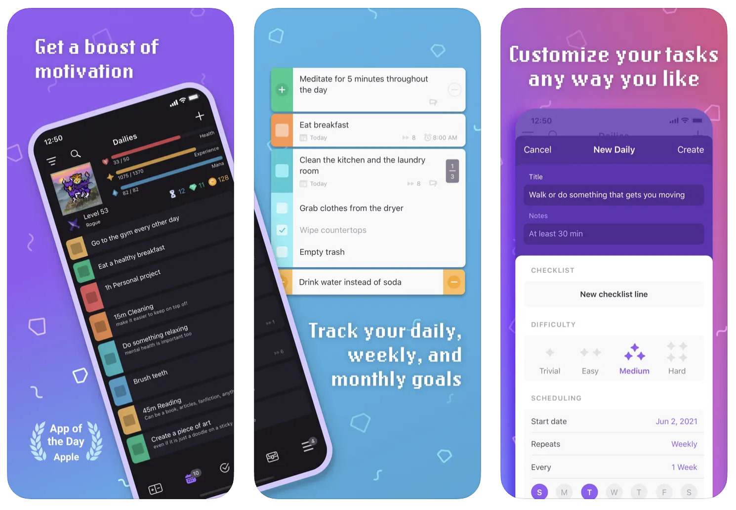 screenshots of different features and app views offered by habitica 
