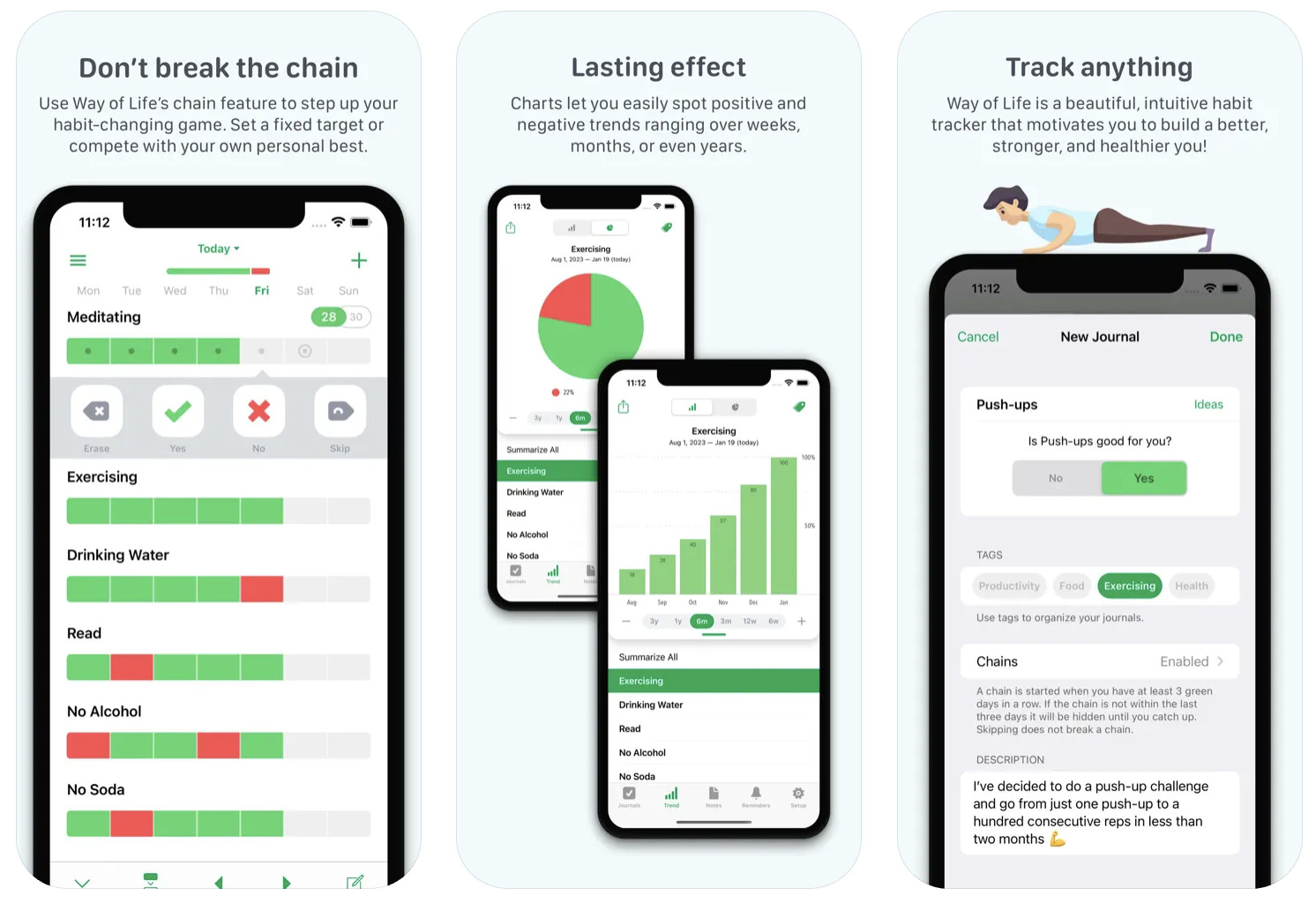 features of way of life app displayed on four different iphones with asset descriptions over them