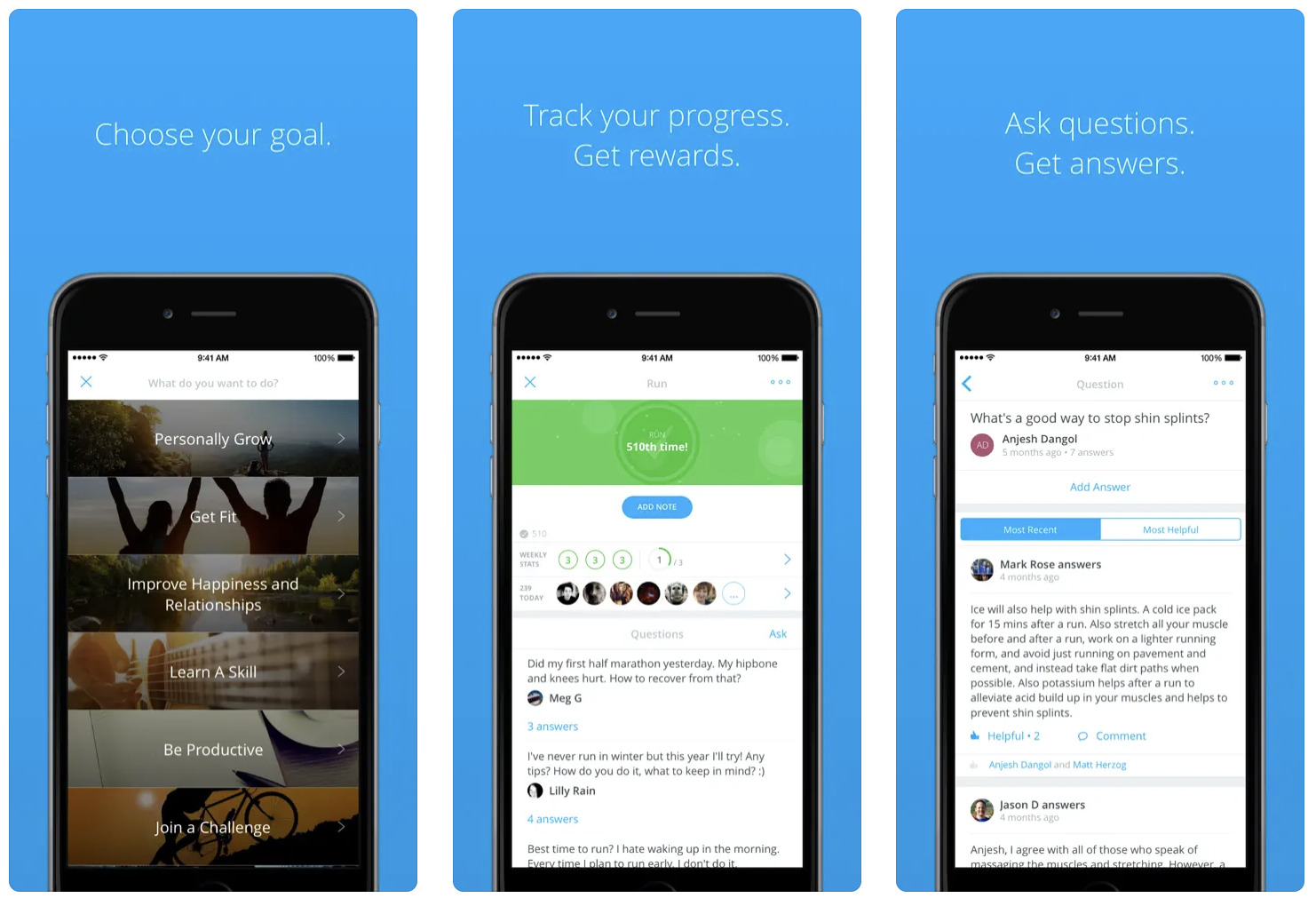 three iphones displaying the features of coach.me habit tracker app and asset descriptions above