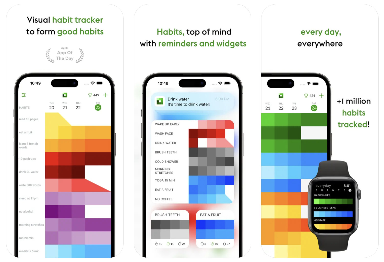 three different iphones displaying how does everyday habit tracker works, with descriptions of features above them