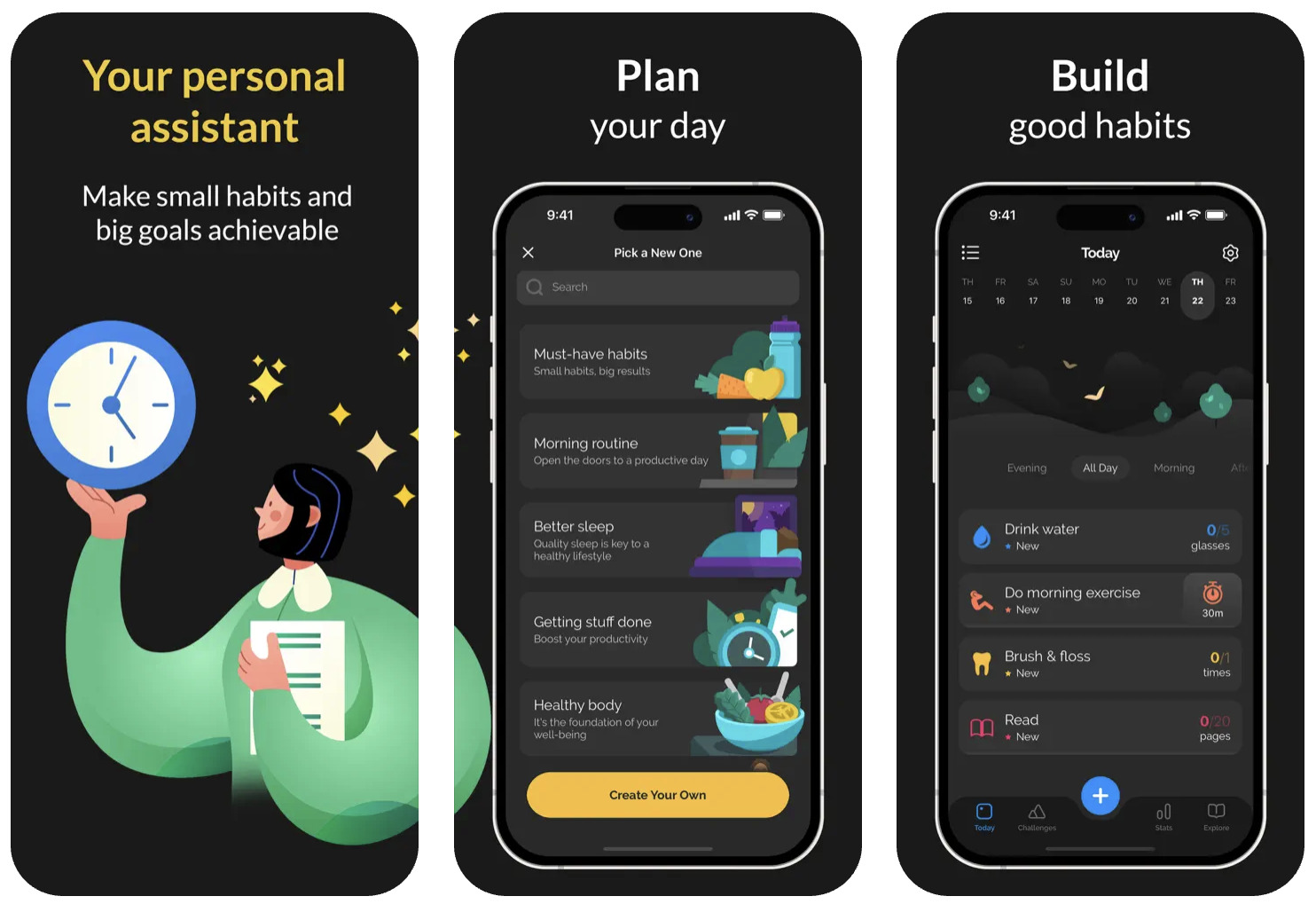 a collage of productive habit tracking app features displayed on the screens of two iphones