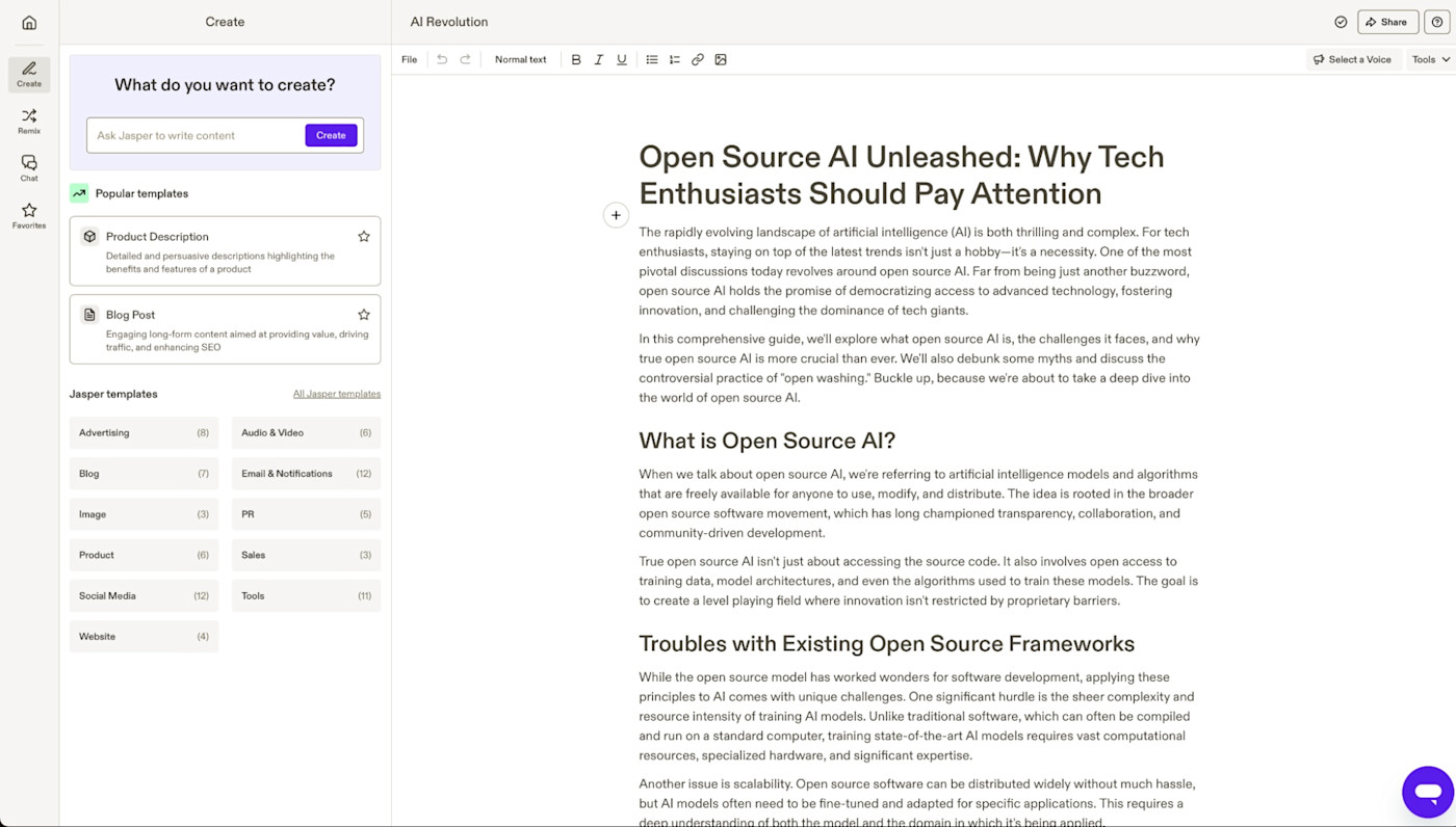 a screenshot of AI features of Jasper productivity tool