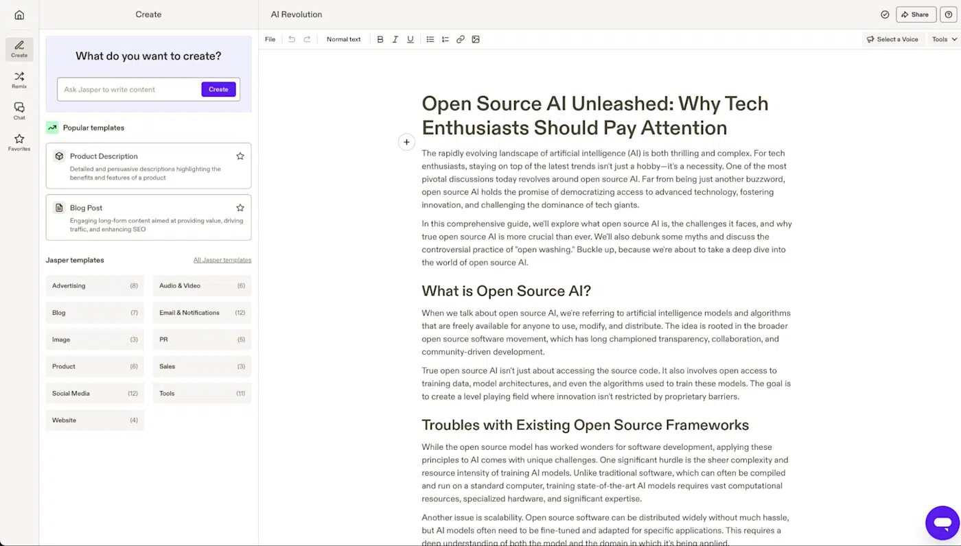 a screenshot of AI features of Jasper productivity tool
