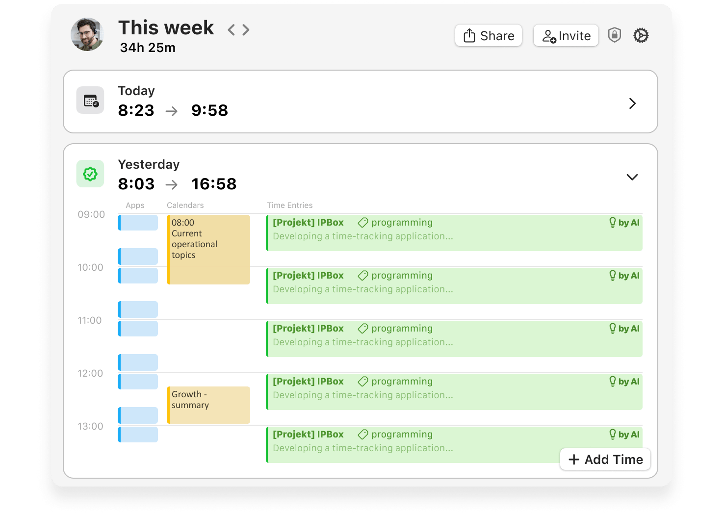 the image shows user interface of TimeCamp ai time tracker