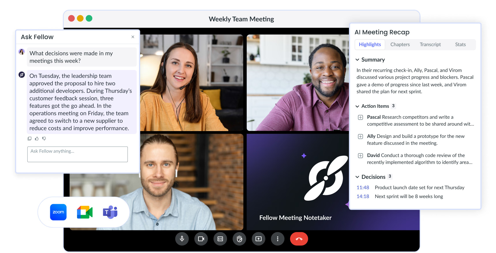 a collage of online meeting and two separate popups with meeting notes and meeting summary, presenting Fellow tool