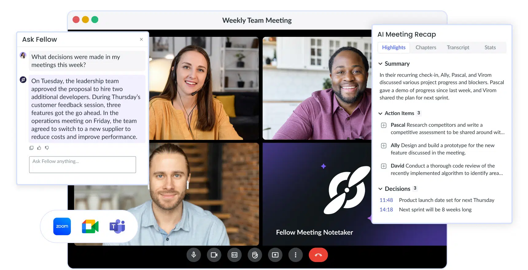 a collage of online meeting and two separate popups with meeting notes and meeting summary, presenting Fellow tool