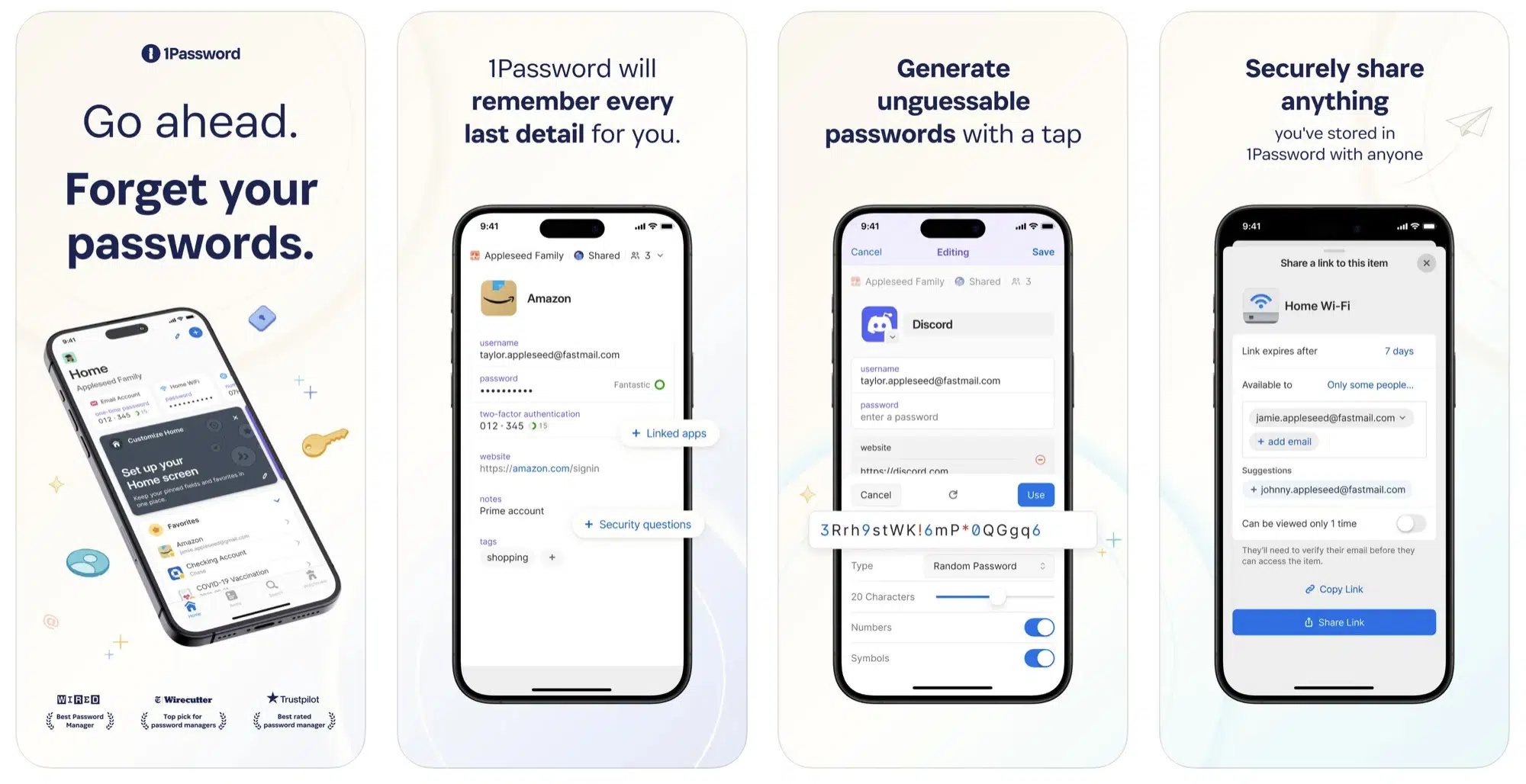 a collage of different features offered by 1password app for iphone