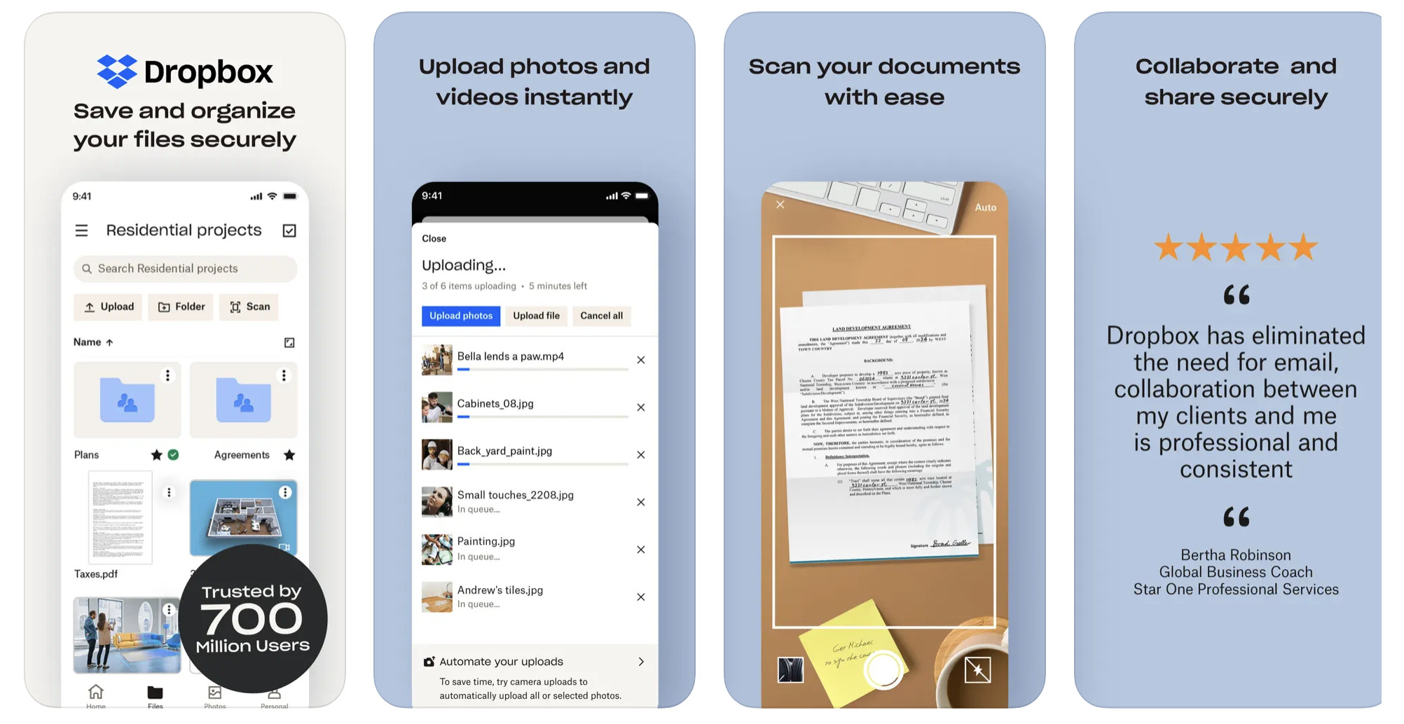 a collage of different features offered by Dropbox app for iphone