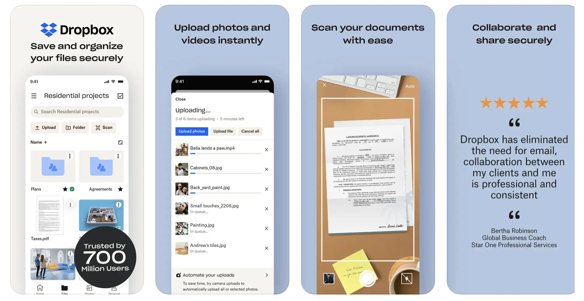 a collage of different features offered by Dropbox app for iphone