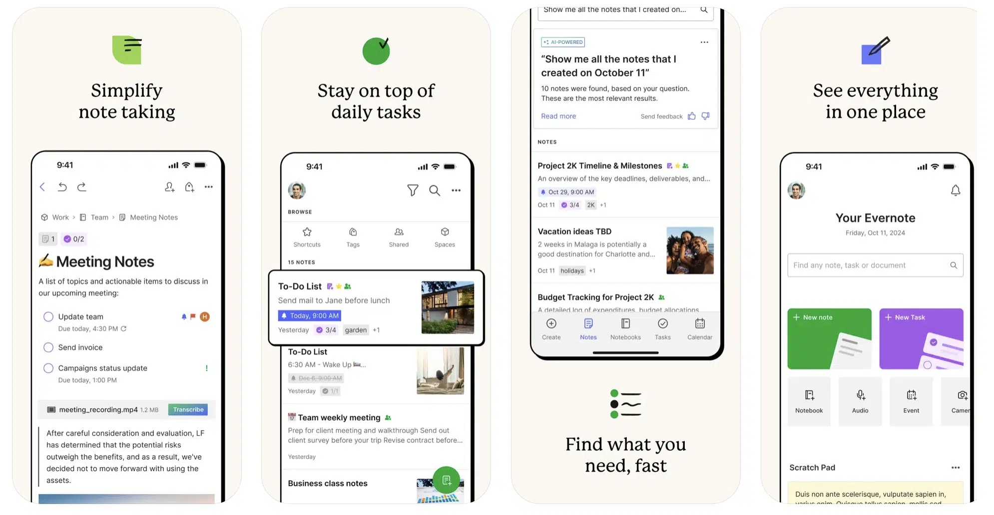 a collage of different features offered by Evernote app for iphone